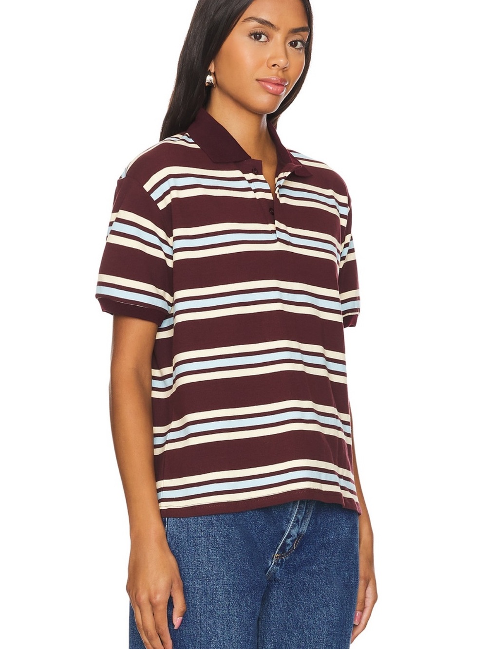 Lioness Burgundy Striped Polo Top with White and Light Blue Accents - Picture 4 of 4